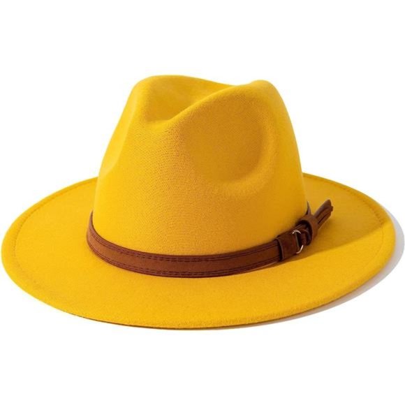 Men & Women Vintage Wide Brim Fedora Hat with Belt Buckle Yellow